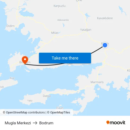 Mugla Merkezi to Bodrum map