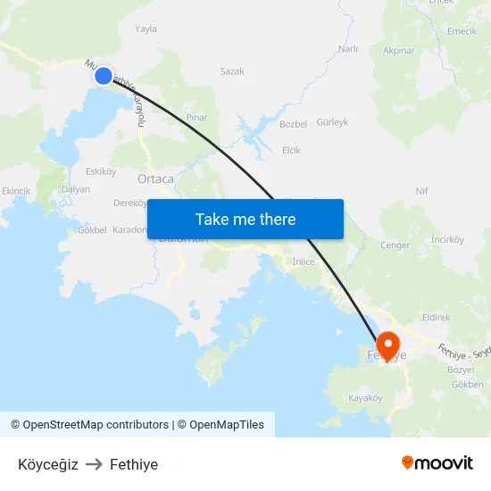 Köyceğiz to Fethiye map