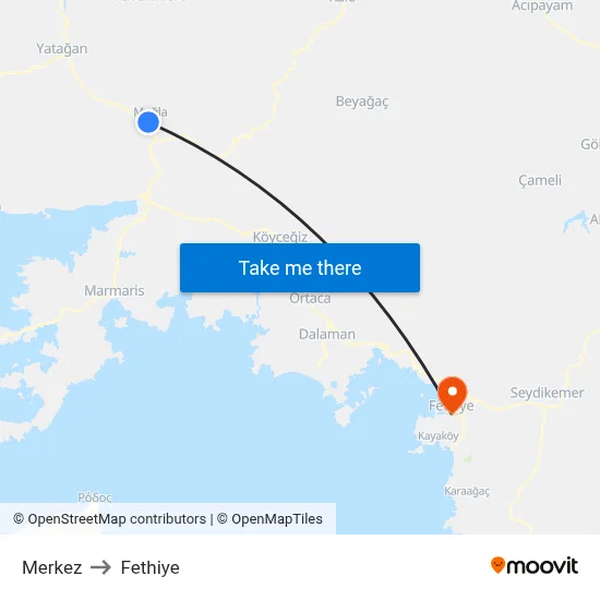 Merkez to Fethiye map
