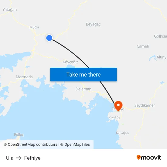 Ula to Fethiye map