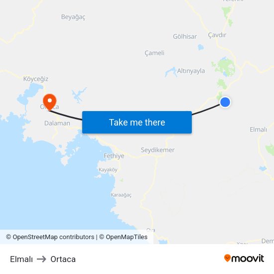 Elmalı to Ortaca map