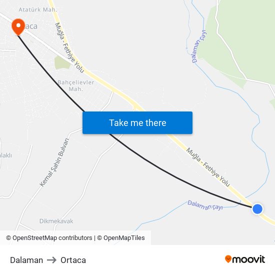 Dalaman to Ortaca map