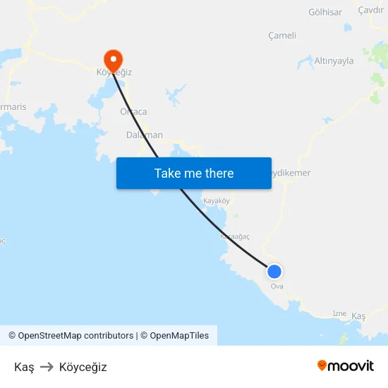 Kaş to Köyceğiz map