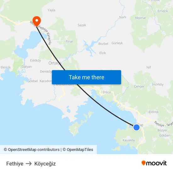 Fethiye to Köyceğiz map
