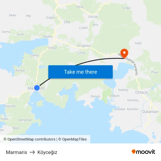 Marmaris to Köyceğiz map