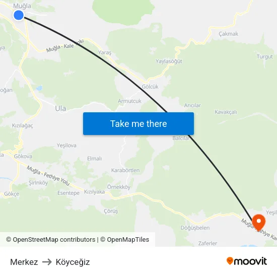 Merkez to Köyceğiz map