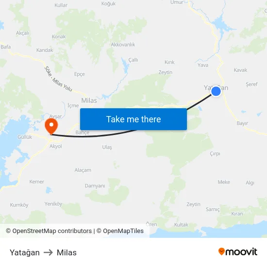Yatağan to Milas map