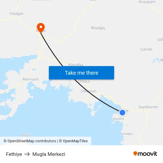 Fethiye to Mugla Merkezi map