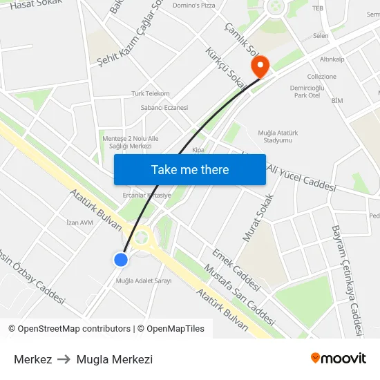 Merkez to Mugla Merkezi map