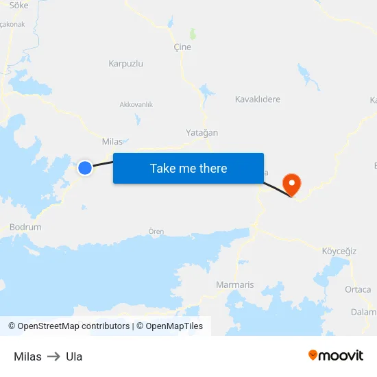 Milas to Ula map