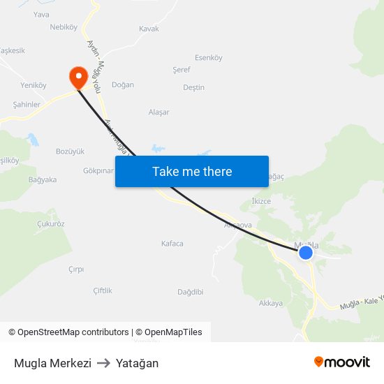 Mugla Merkezi to Yatağan map