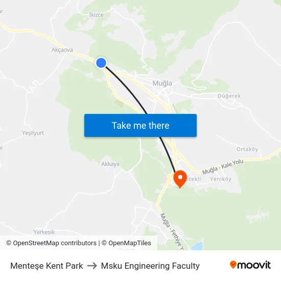 Menteşe Kent Park to Msku Engineering Faculty map