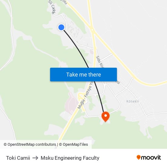 Toki Camii to Msku Engineering Faculty map