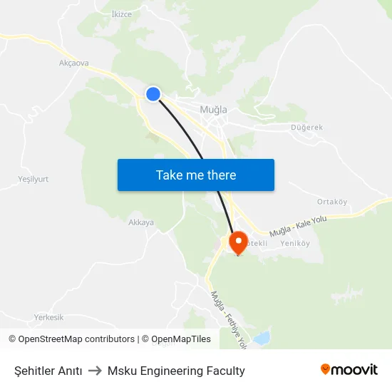 Şehitler Anıtı to Msku Engineering Faculty map