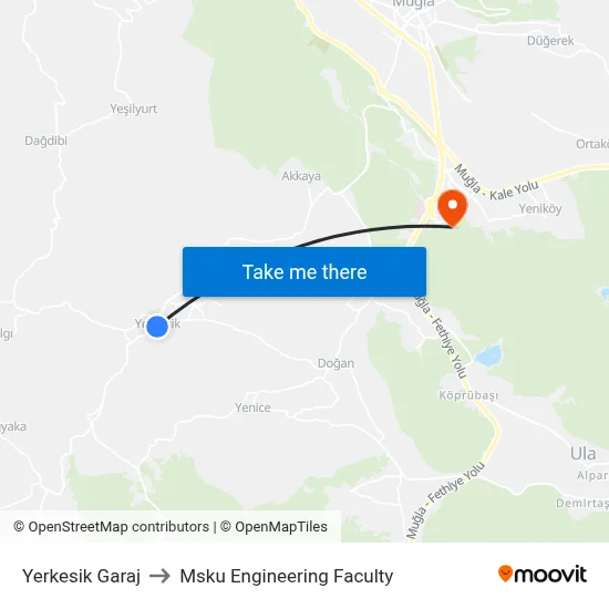 Yerkesik Garaj to Msku Engineering Faculty map