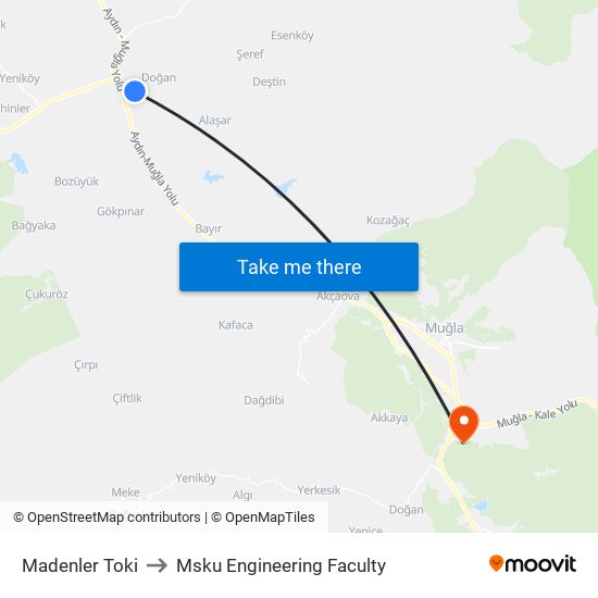 Madenler Toki to Msku Engineering Faculty map