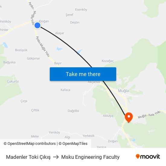 Madenler Toki Çıkış to Msku Engineering Faculty map
