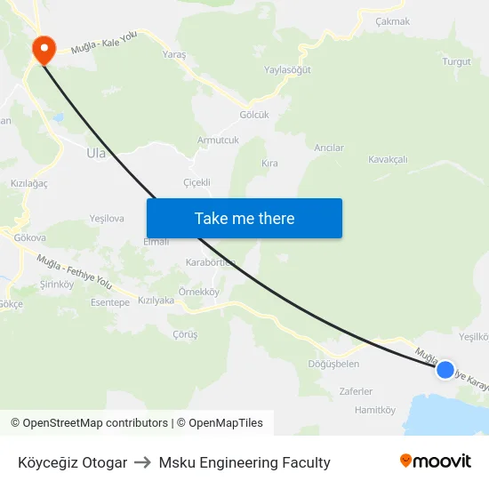 Köyceğiz Otogar to Msku Engineering Faculty map