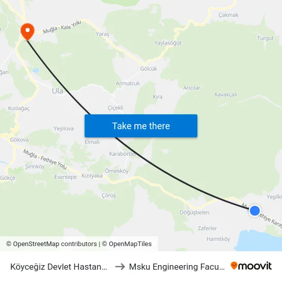 Köyceğiz Devlet Hastanesi to Msku Engineering Faculty map