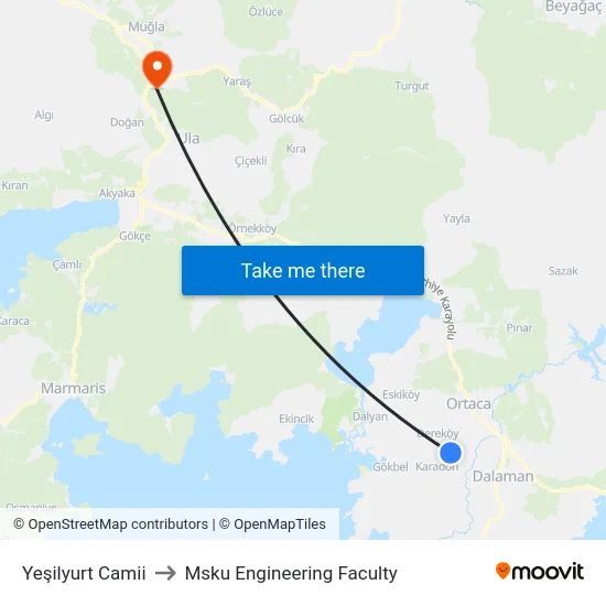 Yeşilyurt Camii to Msku Engineering Faculty map