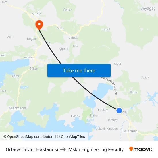 Ortaca Devlet Hastanesi to Msku Engineering Faculty map