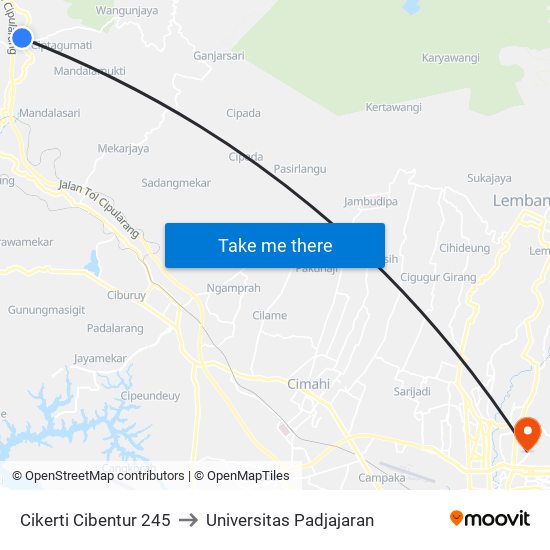 Cikerti Cibentur 245 to Universitas Padjajaran map