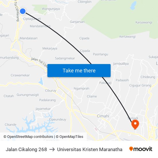 Jalan Cikalong 268 to Universitas Kristen Maranatha map