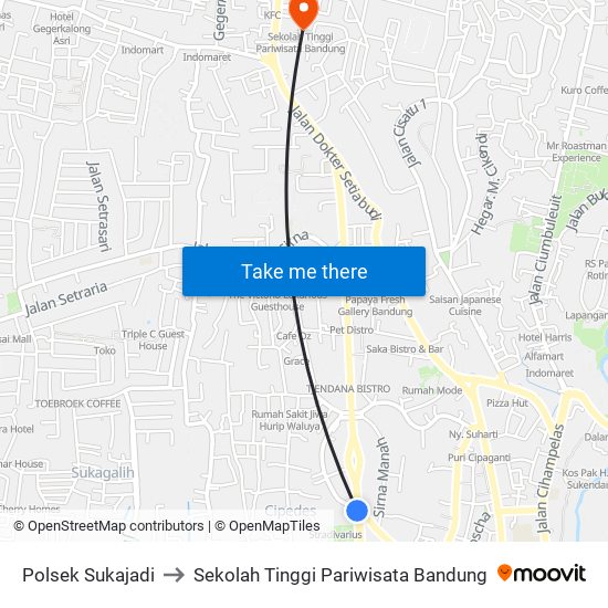 Polsek Sukajadi to Sekolah Tinggi Pariwisata Bandung map