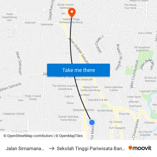 Jalan Sirnamanah 37 to Sekolah Tinggi Pariwisata Bandung map