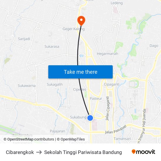 Cibarengkok to Sekolah Tinggi Pariwisata Bandung map