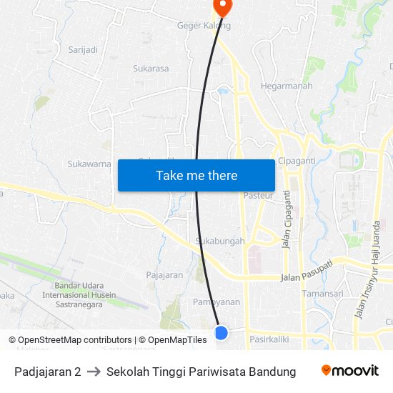 Padjajaran 2 to Sekolah Tinggi Pariwisata Bandung map