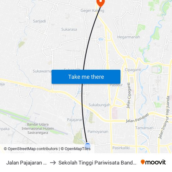 Jalan Pajajaran 98 to Sekolah Tinggi Pariwisata Bandung map