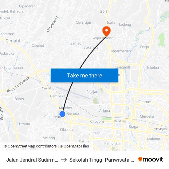 Jalan Jendral Sudirman 823 to Sekolah Tinggi Pariwisata Bandung map