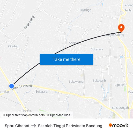 Spbu Cibabat to Sekolah Tinggi Pariwisata Bandung map