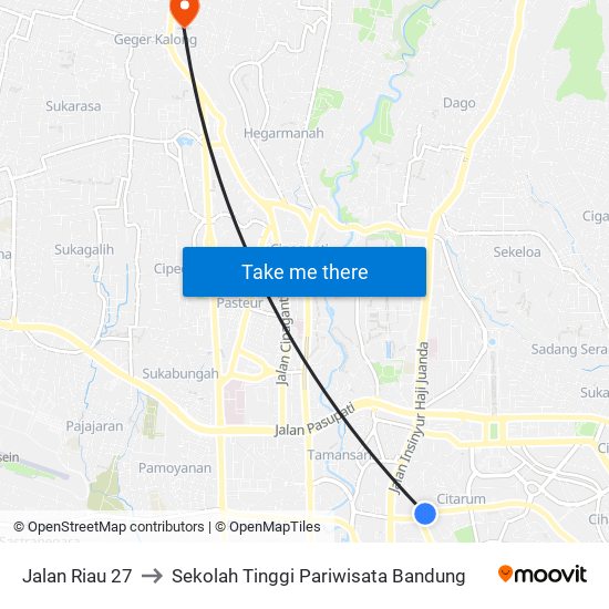 Jalan Riau 27 to Sekolah Tinggi Pariwisata Bandung map