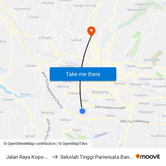 Jalan Raya Kopo 485 to Sekolah Tinggi Pariwisata Bandung map