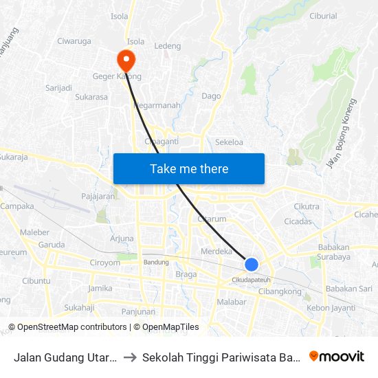 Jalan Gudang Utara 29 to Sekolah Tinggi Pariwisata Bandung map