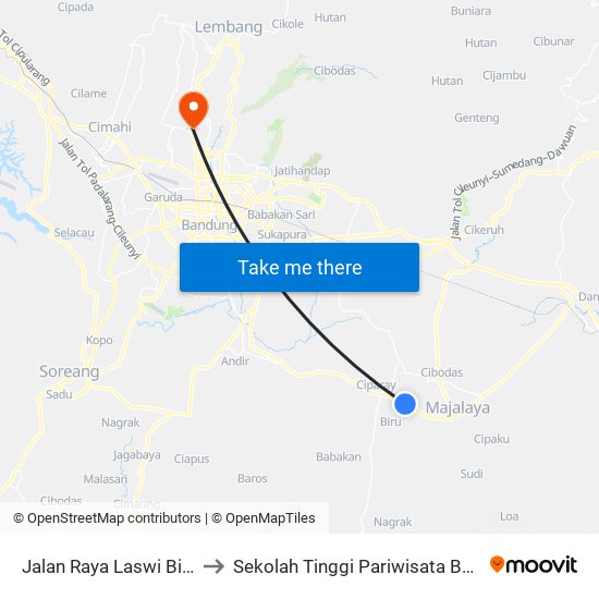 Jalan Raya Laswi Biru 1d to Sekolah Tinggi Pariwisata Bandung map