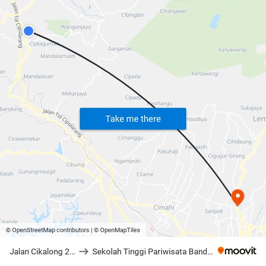 Jalan Cikalong 268 to Sekolah Tinggi Pariwisata Bandung map