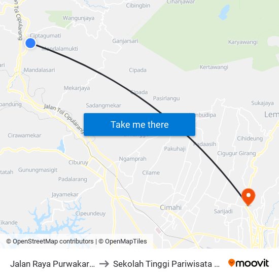 Jalan Raya Purwakarta 147 to Sekolah Tinggi Pariwisata Bandung map