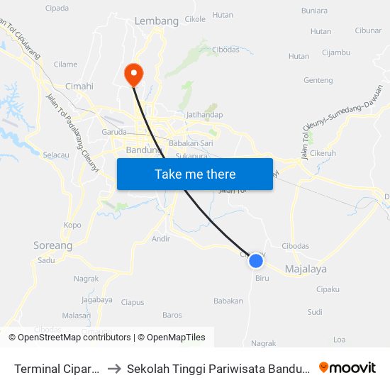 Terminal Ciparay to Sekolah Tinggi Pariwisata Bandung map