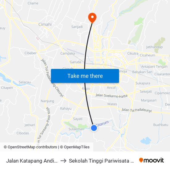 Jalan Katapang Andir 8323 to Sekolah Tinggi Pariwisata Bandung map