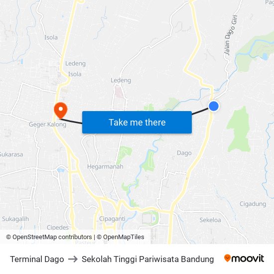 Terminal Dago to Sekolah Tinggi Pariwisata Bandung map