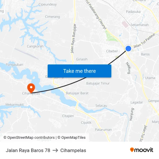 Jalan Raya Baros 78 to Cihampelas map