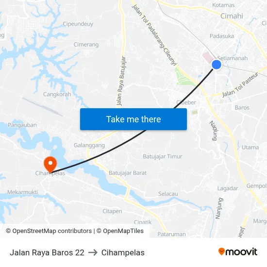 Jalan Raya Baros 22 to Cihampelas map