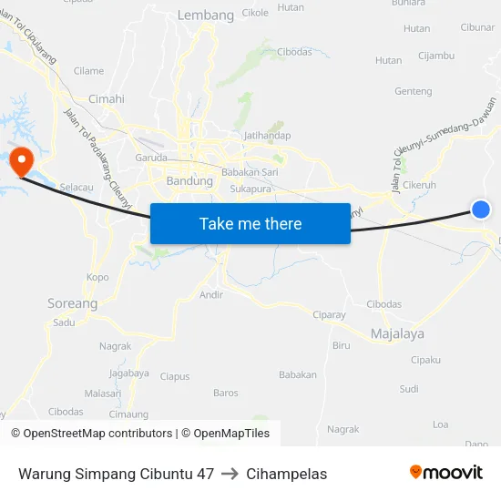 Warung Simpang Cibuntu 47 to Cihampelas map