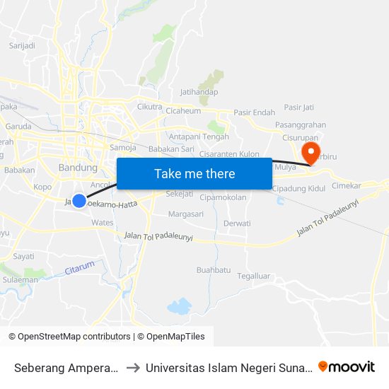 Seberang Ampera Soekarno Hatta to Universitas Islam Negeri Sunan Gunung Djati Bandung map