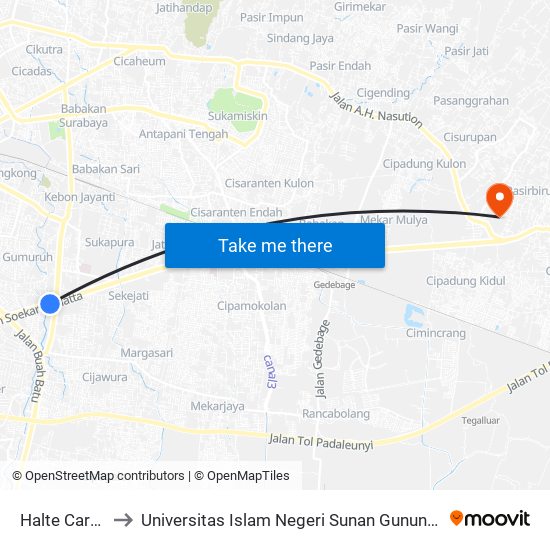 Halte Carrefour to Universitas Islam Negeri Sunan Gunung Djati Bandung map