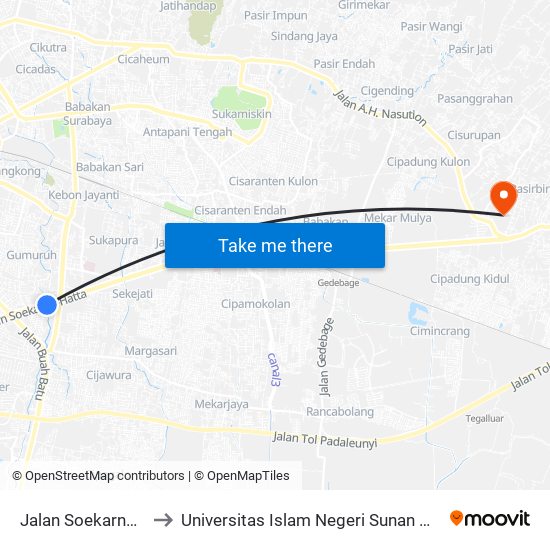 Jalan Soekarno Hatta 518 to Universitas Islam Negeri Sunan Gunung Djati Bandung map