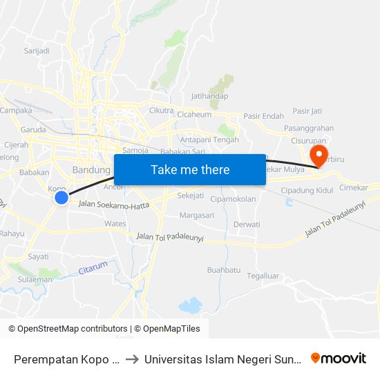 Perempatan Kopo - Soekarno Hatta to Universitas Islam Negeri Sunan Gunung Djati Bandung map